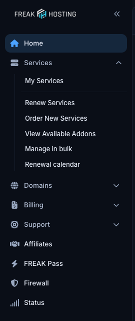 Left menu with the Services section expanded