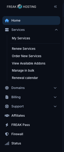 Left menu with the Services section expanded