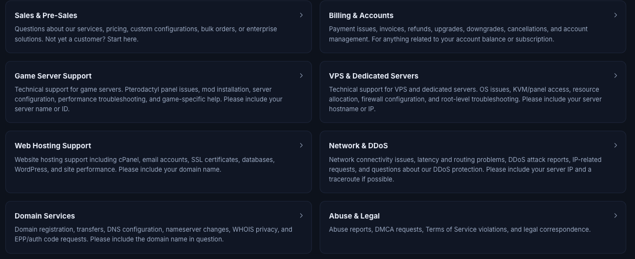 Open Ticket page listing support departments