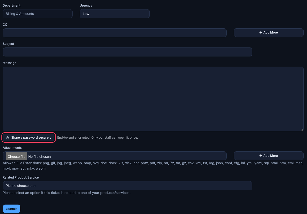 Ticket form with urgency, subject, message, attachments and the Share a password securely button