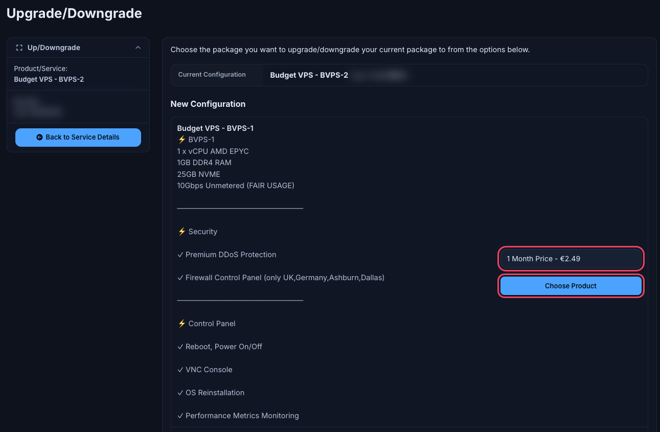 Upgrade page listing plans with resources, price dropdown and Choose Product button