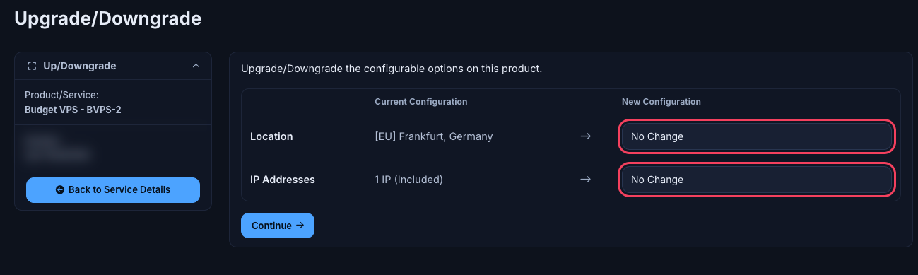 Options page with the Location row and its New Configuration dropdown