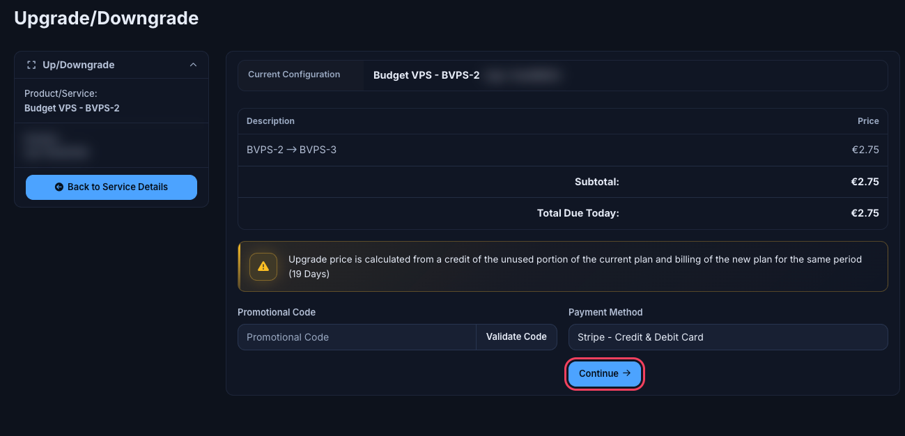 Upgrade summary with the plan change, Total Due Today, promo code and payment method