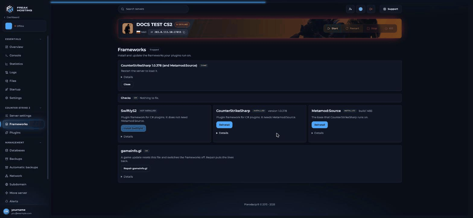 Frameworks page after the install, with a Done message asking you to restart the server, a Checks box saying Nothing to fix, CounterStrikeSharp and Metamod:Source marked Installed with their version numbers and Reinstall buttons, and gameinfo.gi marked OK