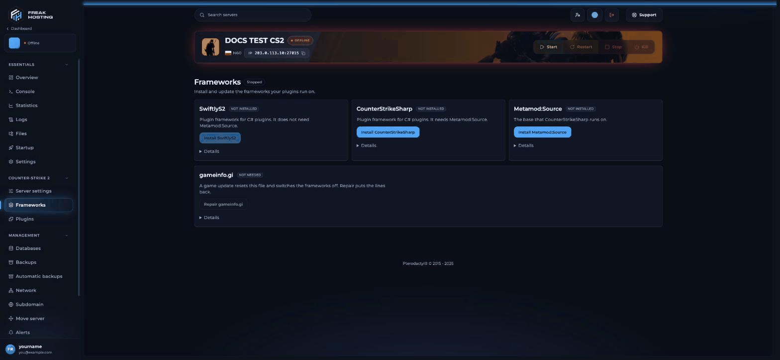 Frameworks page with cards for SwiftlyS2, CounterStrikeSharp and Metamod:Source, each marked Not installed with an install button, and a gameinfo.gi card marked Not needed with a Repair gameinfo.gi button