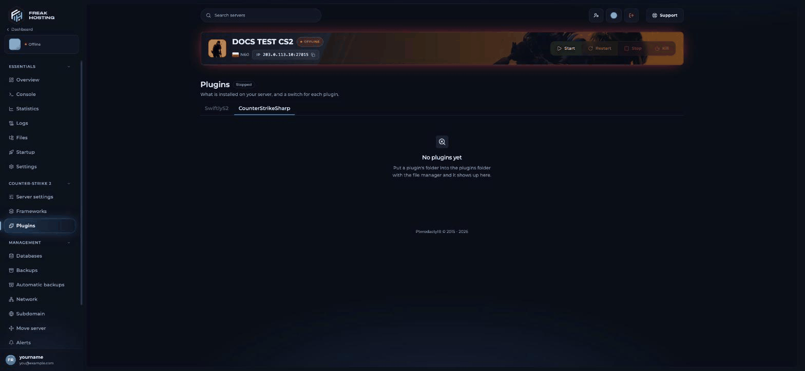 Plugins page with SwiftlyS2 and CounterStrikeSharp tabs and the empty message No plugins yet, Put a plugin's folder into the plugins folder with the file manager and it shows up here