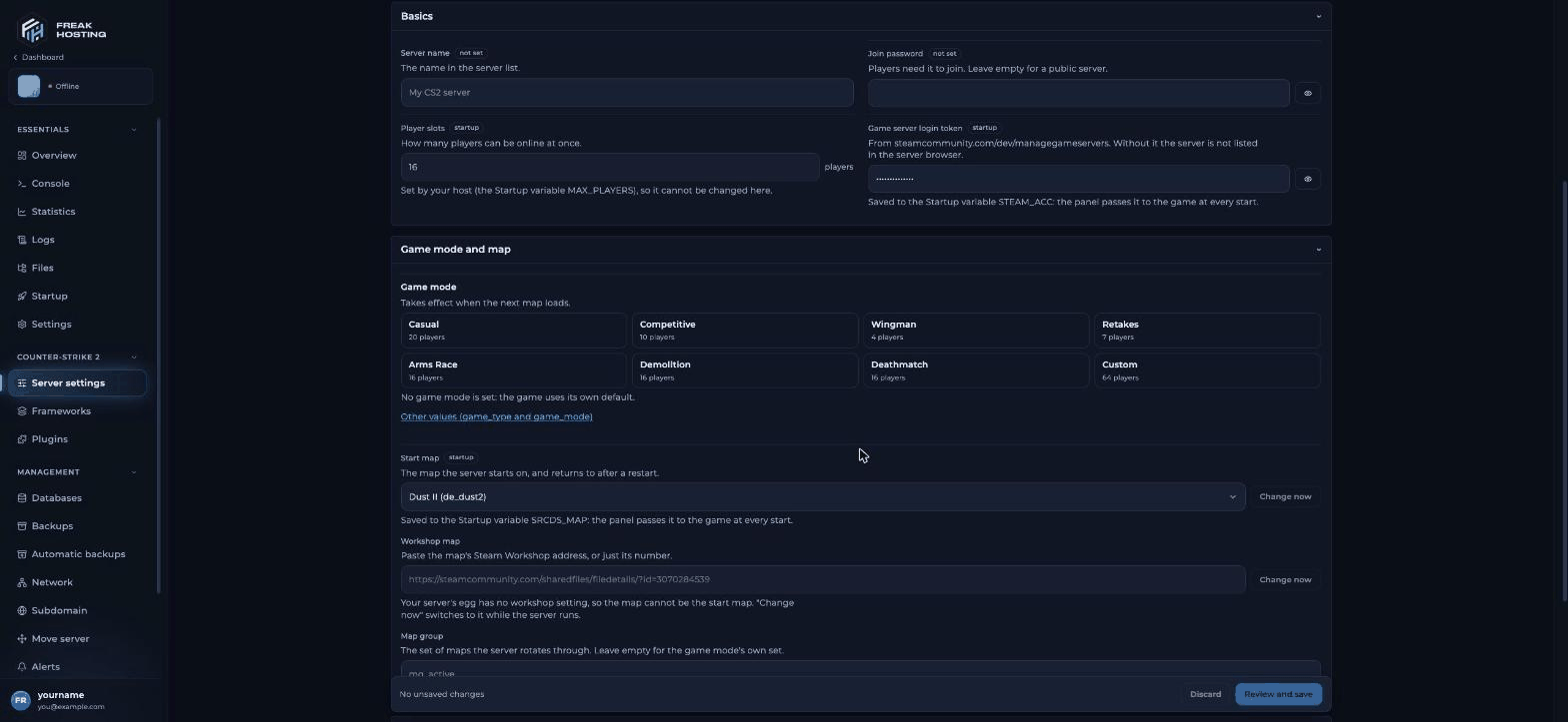 Game mode and map section with eight game mode tiles: Casual 20 players, Competitive 10, Wingman 4, Retakes 7, Arms Race 16, Demolition 16, Deathmatch 16 and Custom 64, followed by the Start map drop-down set to Dust II with a Change now button, the Workshop map field and the Map group field
