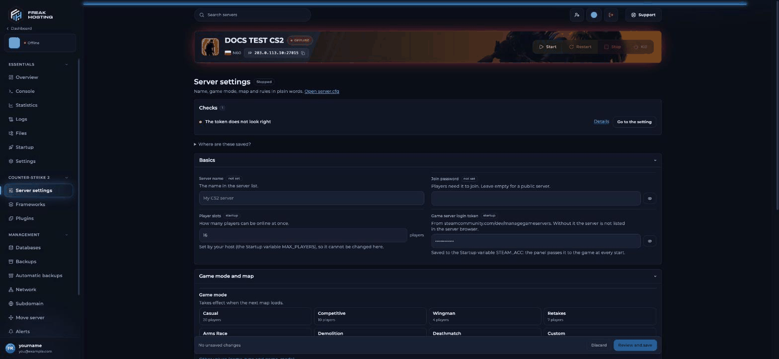 Server settings page with a Checks box showing the warning The token does not look right, a Where are these saved link, and a Basics section with Server name, Join password, Player slots and Game server login token fields, plus the first game mode tiles