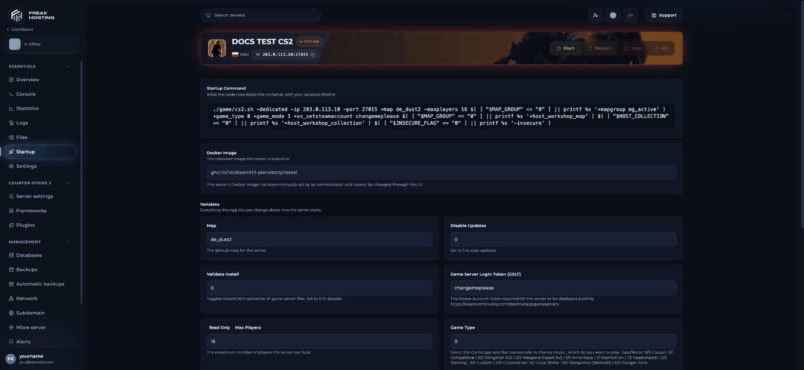 Startup page with the read-only Startup Command, the locked Docker Image, and variable cards for Map, Disable Updates, Validate Install, Game Server Login Token (GSLT), Max Players marked Read Only, and Game Type