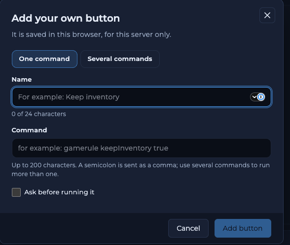 Add your own button dialog with One command and Several commands options, a Name field with a 24 character limit, a Command field, an Ask before running it option and an Add button