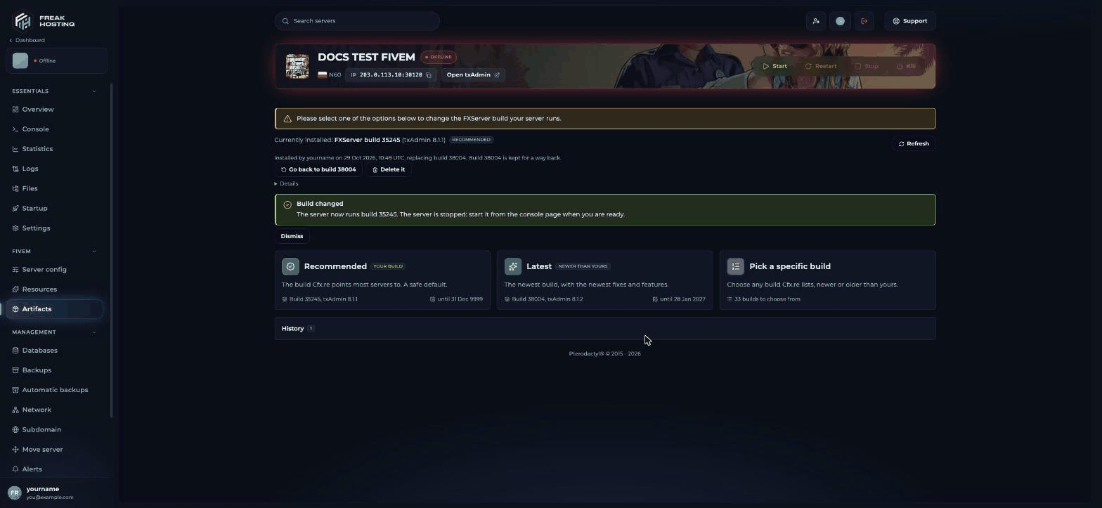 Artifacts page after a change, showing the installed build, who installed it and when, and Go back and Delete it buttons for the previous build