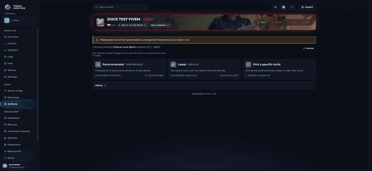 Artifacts page showing the currently installed FXServer build and txAdmin version, a Refresh button, and three cards: Recommended, Latest and Pick a specific build, each with a build number, txAdmin version and support end date