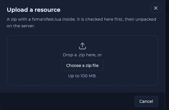 Upload a resource box explaining that a zip with a fxmanifest.lua inside is checked first and then unpacked on the server, with a drop area, a Choose a zip file button and an Up to 100 MB limit
