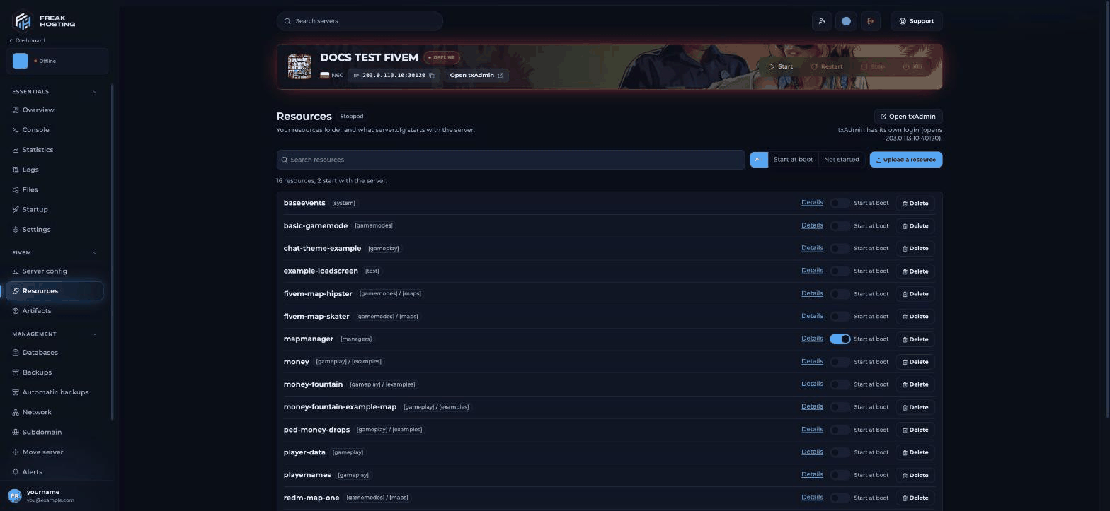 Resources page with a search box, All, Start at boot and Not started filters, an Upload a resource button, a summary of 16 resources with 2 starting with the server, and rows with a category folder, Details, a Start at boot toggle and Delete