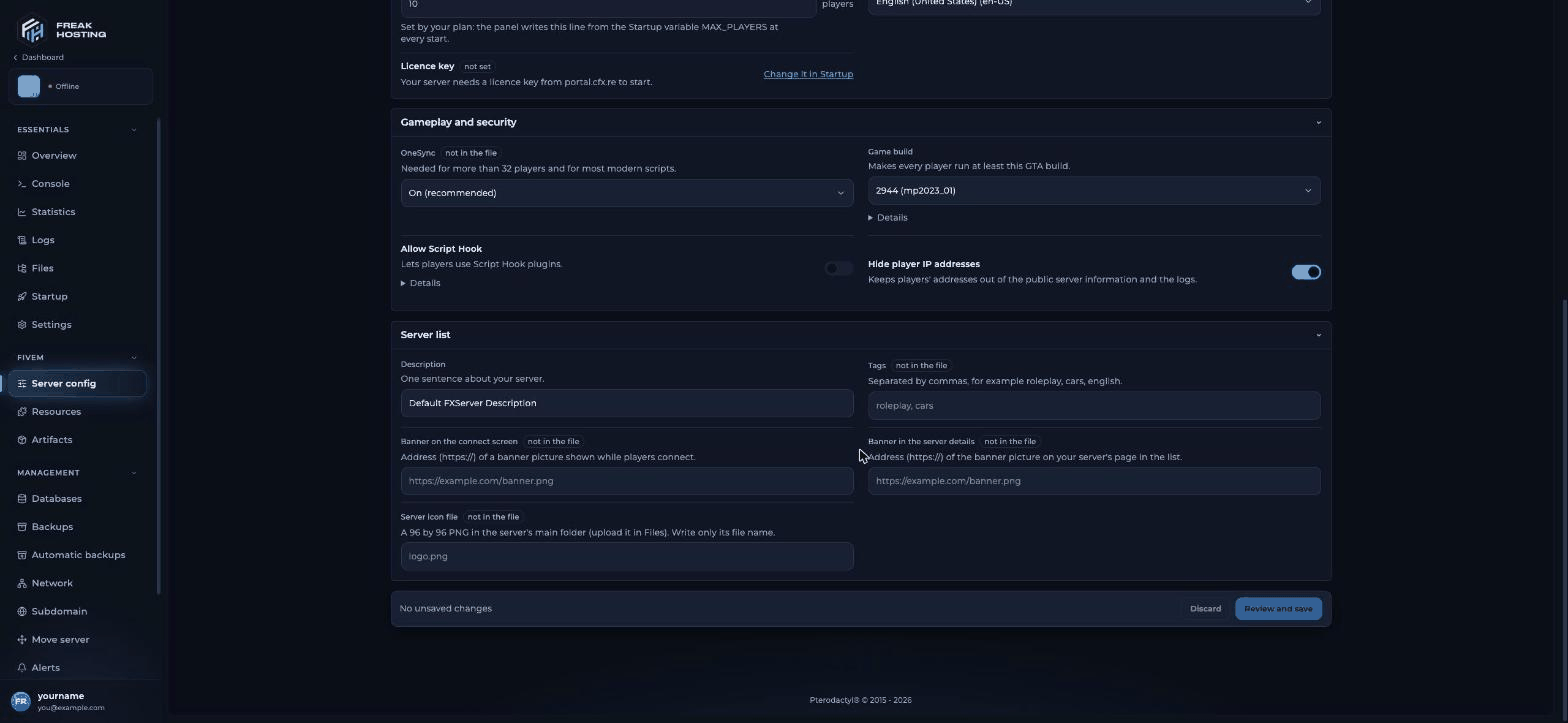 Gameplay and security section with the OneSync selector set to On (recommended), a Game build drop-down, Allow Script Hook and Hide player IP addresses toggles, and a Server list section with Description, Tags, banner and server icon fields