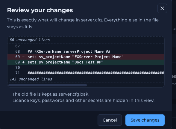 Review your changes dialog showing the server.cfg lines that will change, a note that the old file is kept as server.cfg.bak, and Cancel and Save changes buttons