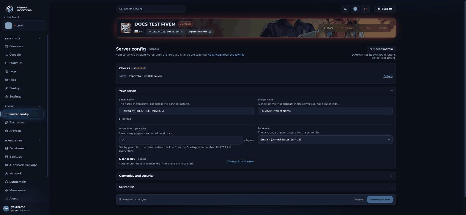 Server config page with an Open txAdmin button, a Checks box with one item to look at, and the Your server section with Server name, Project name, Player slots marked your plan, Language and Licence key fields