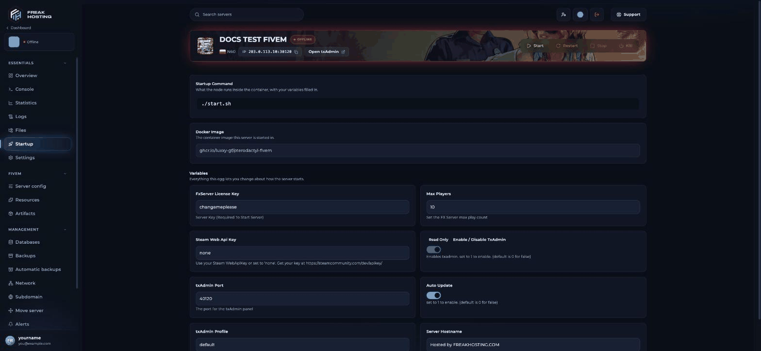 Startup page with the startup command, the Docker image, and variable cards for FxServer License Key, Max Players, Steam Web Api Key, a read-only Enable / Disable TxAdmin toggle, txAdmin Port 40120, Auto Update, txAdmin Profile and Server Hostname