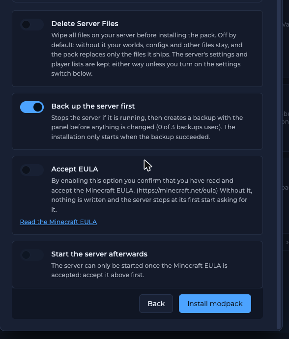 Modpack install options with toggles for Delete Server Files, Back up the server first, Accept EULA and Start the server afterwards, and Back and Install modpack buttons