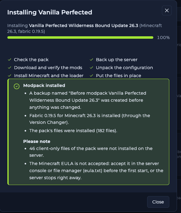Modpack installed message saying a backup was created first, the loader and Minecraft version were installed through the Version Changer, how many files were installed and how many client-only files were skipped