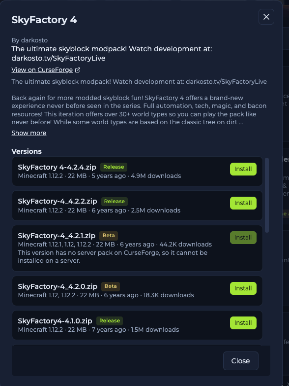 Modpack dialog with the author, summary, a View on CurseForge link, a description and a Versions list with file names, Release or Beta tags, Minecraft versions, size, age, downloads and Install buttons