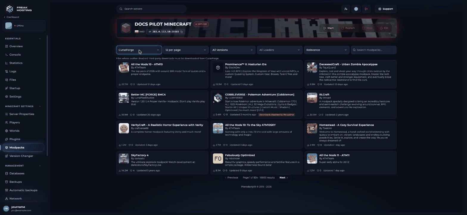 Modpacks page with Source, results per page, Minecraft version, Loaders and Sort filters, a search box and modpack cards showing name, author, summary, downloads, likes and last update