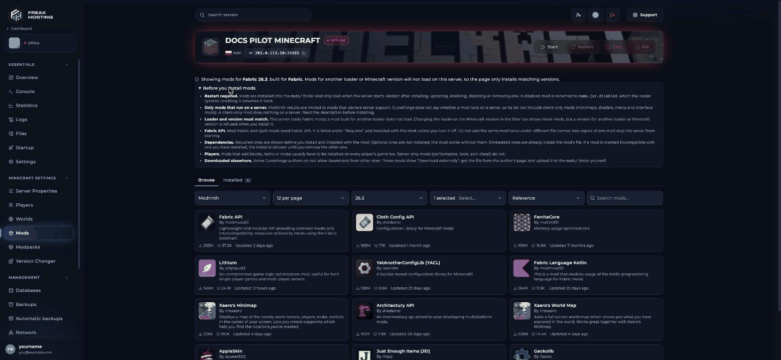 Mods page header saying which loader and Minecraft version it shows mods for, with the Before you install mods section open