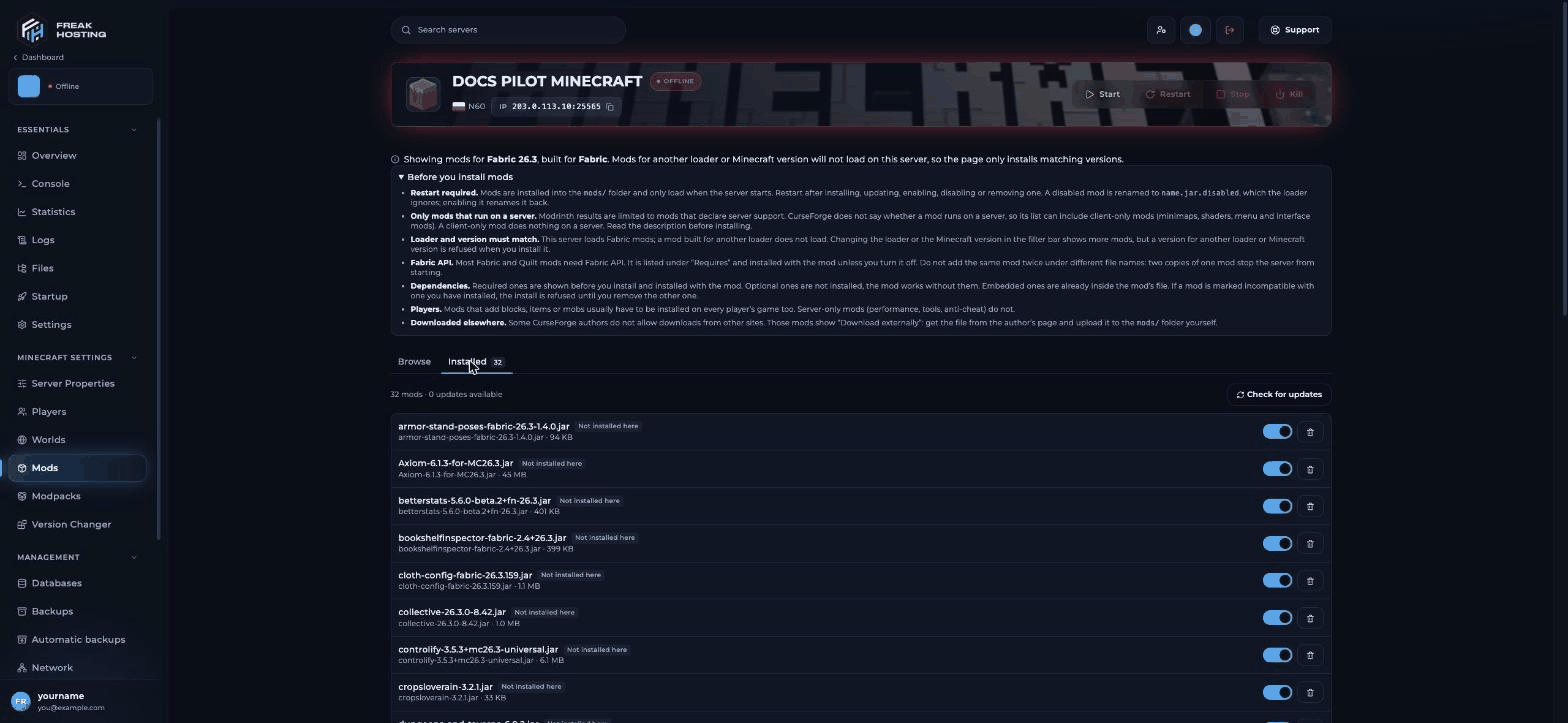 Mods Installed tab showing 32 mods and 0 updates available, a Check for updates button and rows with jar file name, a Not installed here badge, file size, enable toggle and delete icon