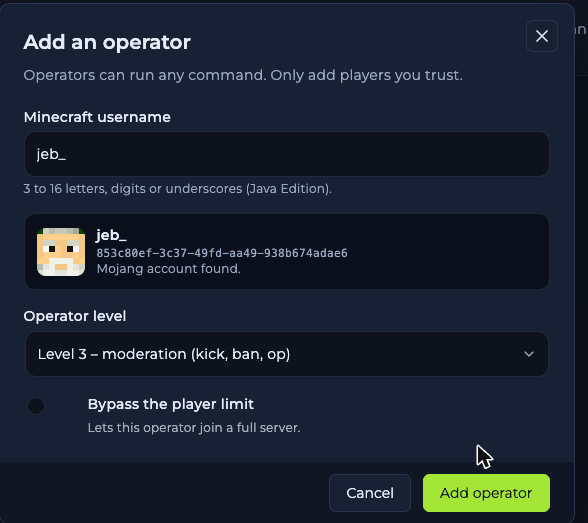 Add an operator dialog with a Minecraft username field, an Operator level list from 0 to 4 with descriptions, a Bypass the player limit toggle and Cancel and Look up player buttons