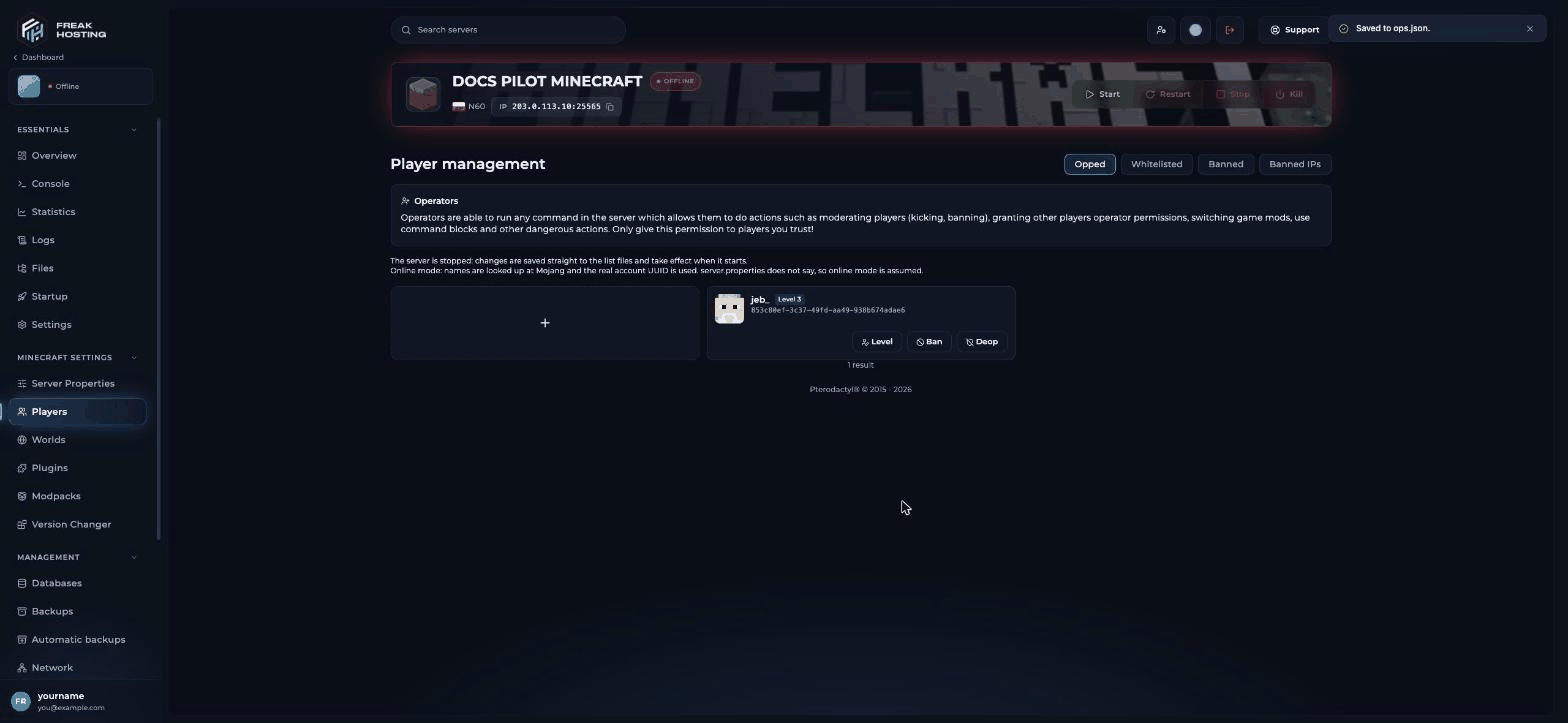Opped tab with an info card and an operator card showing the player's skin, name, Level badge, UUID and Level, Ban and Deop buttons