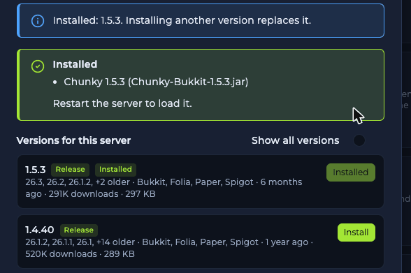 Green Installed message showing the plugin name, version and jar file, with the note Restart the server to load it, and an Installed badge on the version row