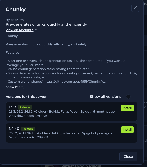Plugin dialog with the author, summary, a View on Modrinth link and a Versions for this server list, each version showing its number, Release tag, Minecraft versions, loaders, age, downloads, size and an Install button