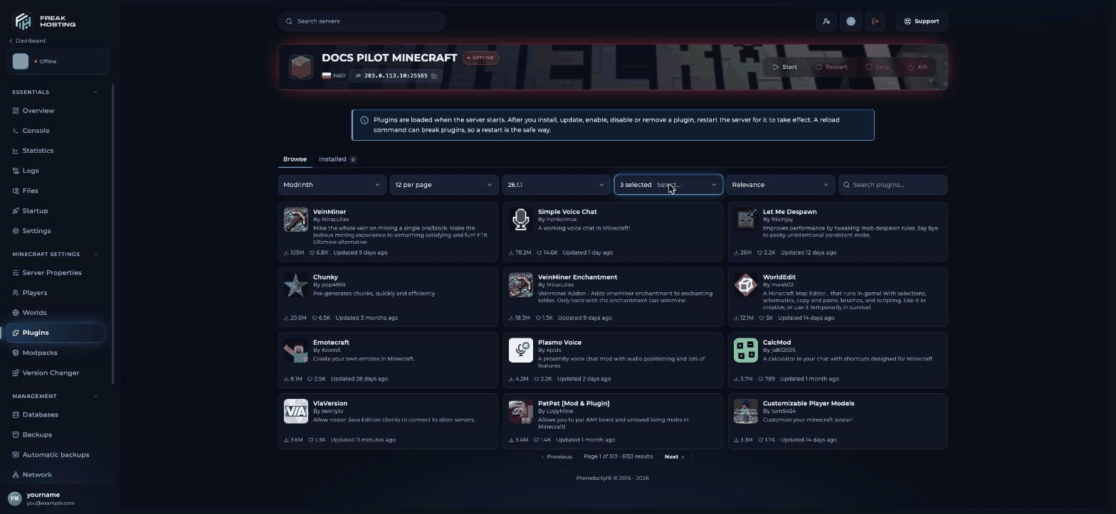 Plugins page on the Browse tab with an info banner about restarting, filters for Source, Minecraft version, Loaders and Sort, a search box and a grid of plugin cards