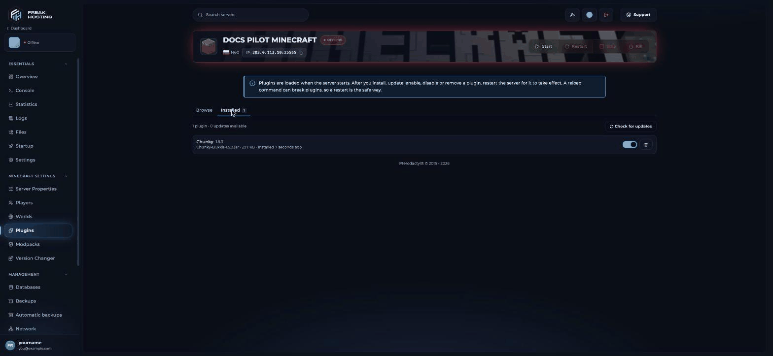 Installed tab showing 1 plugin and 0 updates available, a Check for updates button and a row for Chunky with its version, jar file, size, an enable toggle and a delete icon