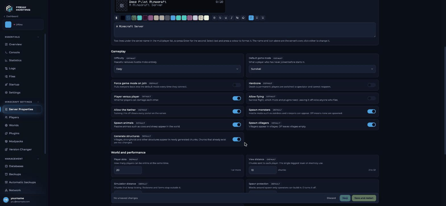 Gameplay group on the Server Properties page with Difficulty, Default game mode, Force game mode on join, Hardcore, Player versus player, Allow flying and spawn toggles, several marked with a DEFAULT badge