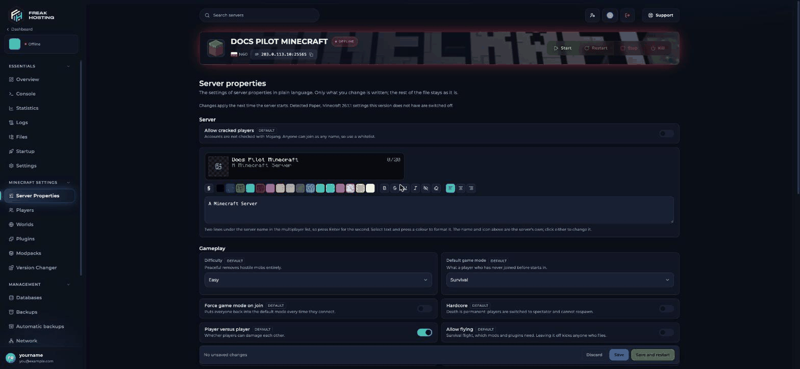 Server Properties page with an intro explaining that only changed settings are written, an Allow cracked players toggle and the MOTD editor with a preview of the server icon and name, a colour palette and formatting buttons