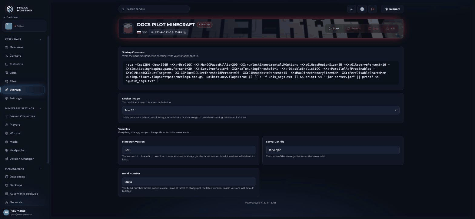 Startup page with a read-only Startup Command using optimised Java flags, a Docker Image drop-down with Java versions from 25 to 8, and variables for Minecraft Version, Server Jar File and Build Number