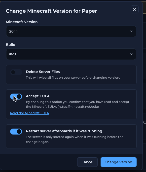 Change Minecraft Version for Paper dialog with Minecraft Version and Build drop-downs, toggles for Delete Server Files, Accept EULA and Restart server afterwards if it was running, and Cancel and Change Version buttons