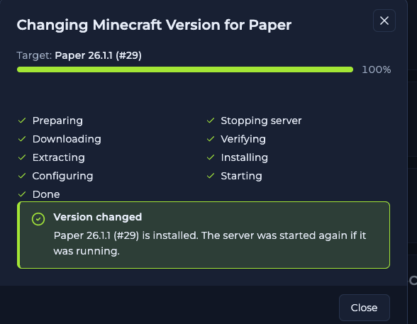 Progress dialog Changing Minecraft Version for Paper with all steps ticked and the message Version changed, Paper 26.1.1 (#29) is installed