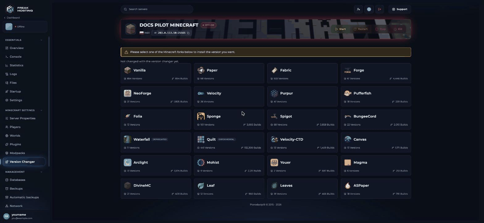 Version Changer page listing server type cards such as Vanilla, Paper, Fabric, Forge, NeoForge, Velocity and Purpur, each with a count of versions and builds