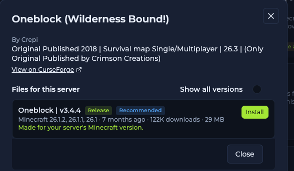 World dialog with the author, summary, a View on CurseForge link and a Files for this server list showing a file with Release and Recommended badges, Minecraft versions, age, downloads, size and an Install button