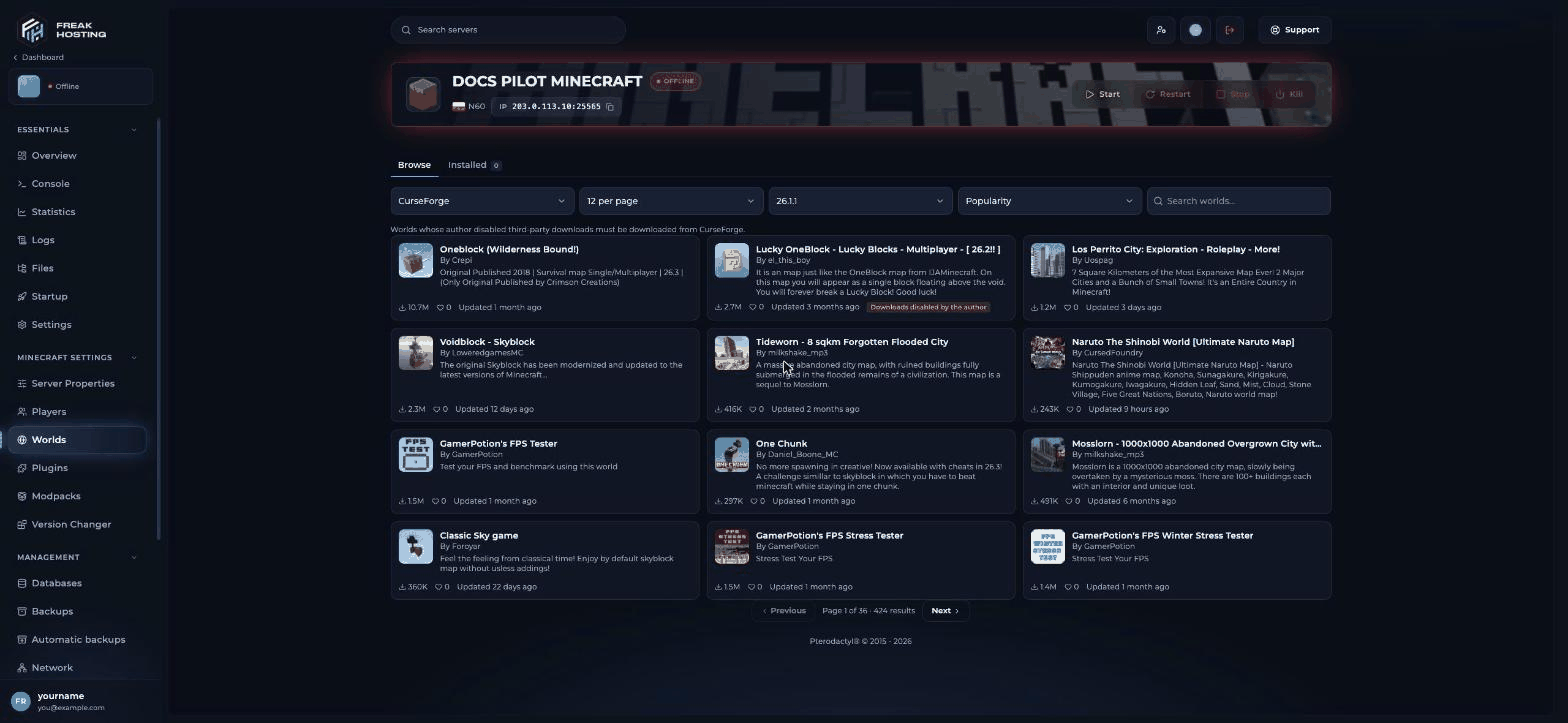 Worlds page on the Browse tab with Source, results per page, Minecraft version and Sort filters, a Search worlds box and cards for downloadable worlds