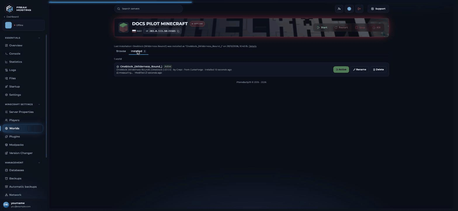 Worlds Installed tab with a last installation line and a world row showing the folder name, an Active badge, the source and install time, size, last modified date and Set active, Rename and Delete buttons