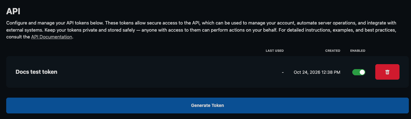 API tab listing Docs test token with Last Used, Created, an Enabled switch and a red delete button