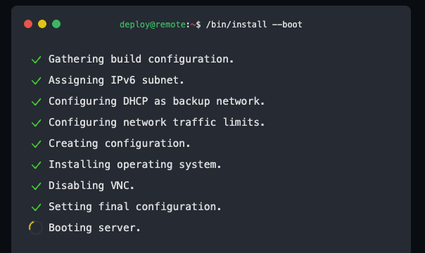 Terminal-style progress window with ticked steps and Booting server in progress