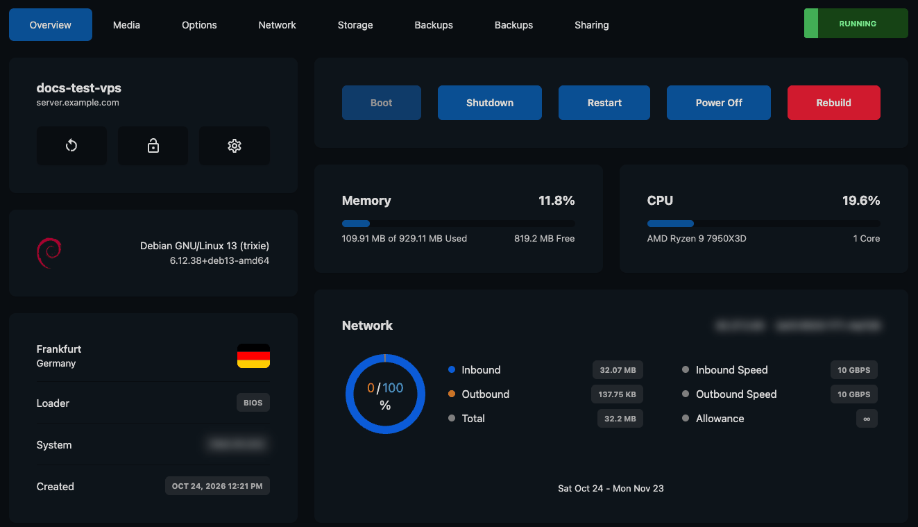 Server Overview tab with name and icons, power buttons, operating system, location, Memory, CPU and Network cards