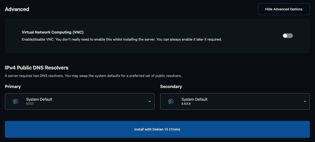 Advanced section with a VNC switch and Primary and Secondary DNS resolver menus, above the Install with Debian 13 (Trixie) button