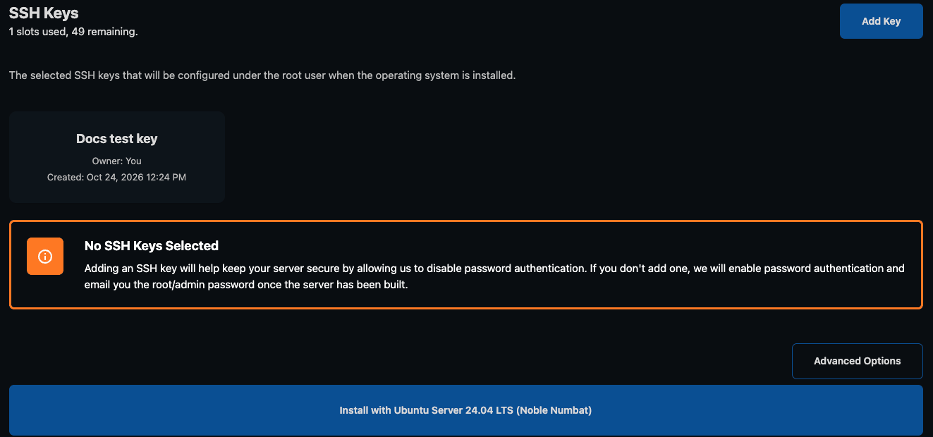 Orange No SSH Keys Selected warning explaining password authentication will be enabled and the root password emailed
