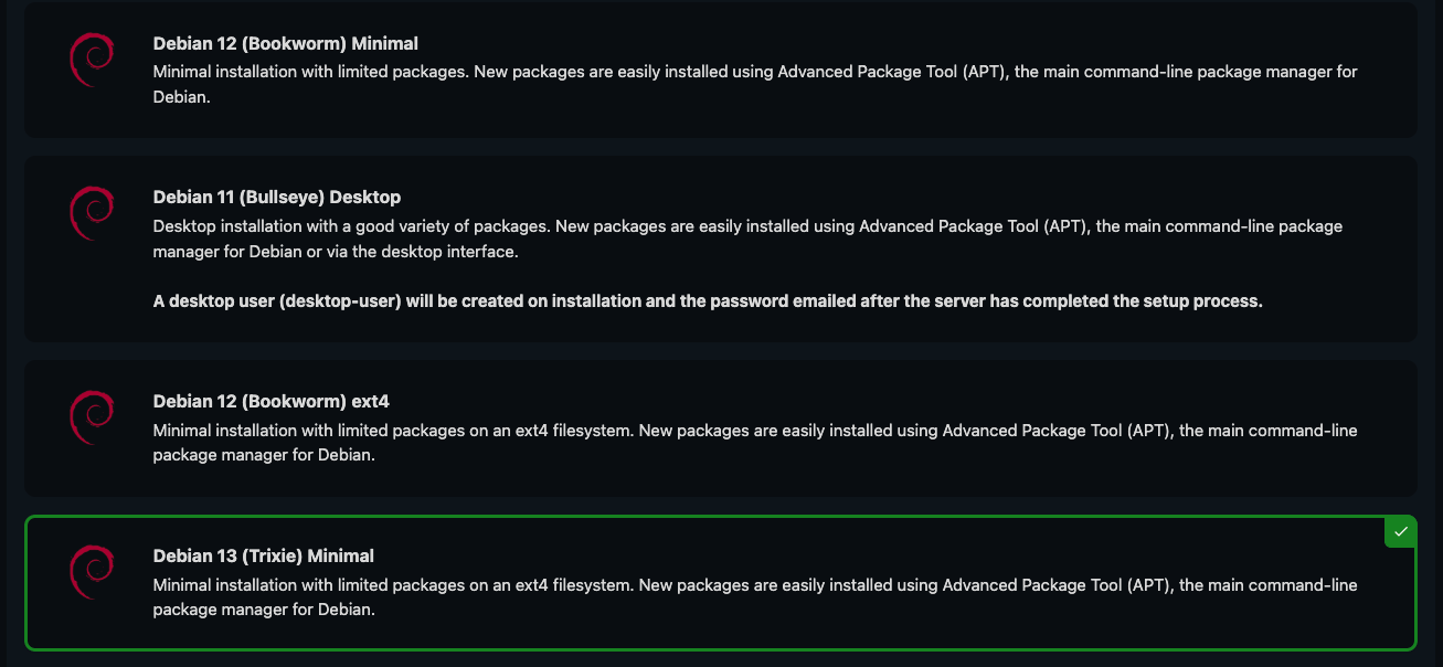 Debian versions listed as cards, with Debian 13 (Trixie) Minimal outlined in green and ticked