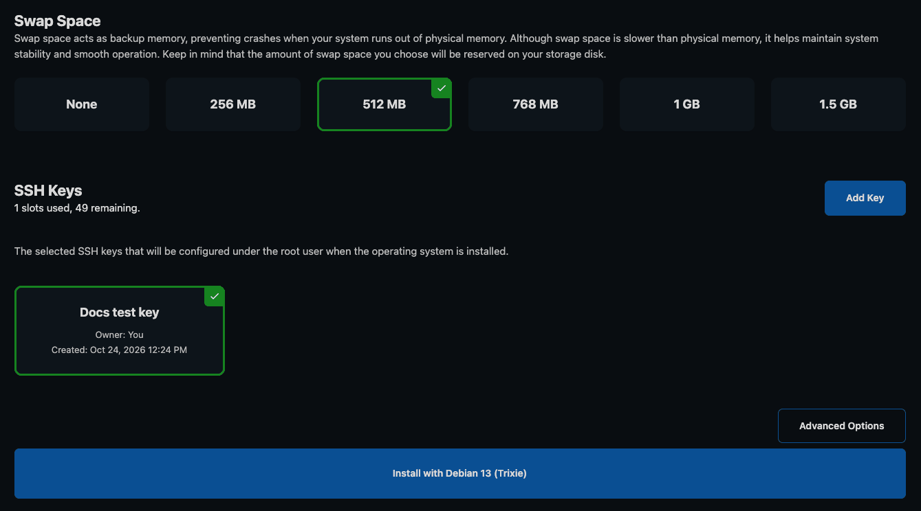 Swap Space options from None to 1.5 GB with 512 MB selected, and an SSH key card selected with a green tick